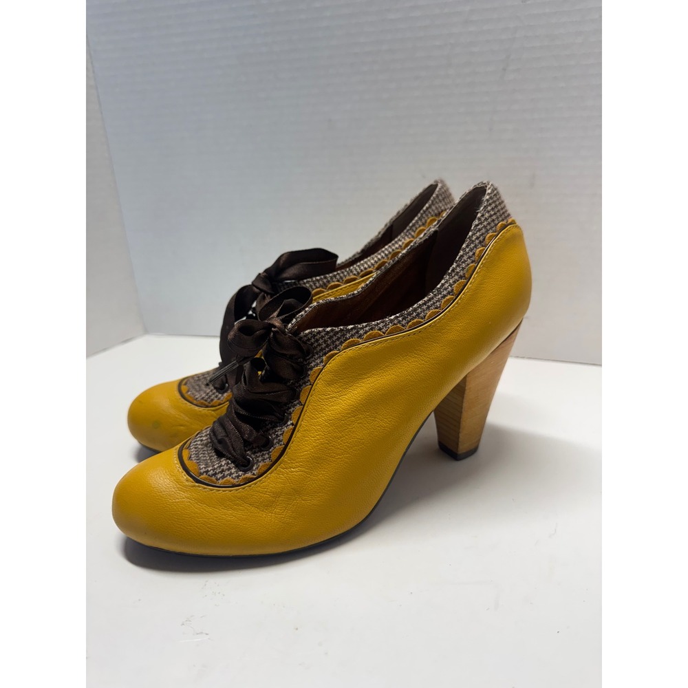 Poetic Licence London Yellow Leather Tweed Scalloped Ribbon Oxford Heels 7.5